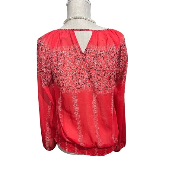 Lucky Brand Women Orange Floral Aztec Long Sleeve Peasant Top Sz M Boho Coverup - Picture 4 of 9